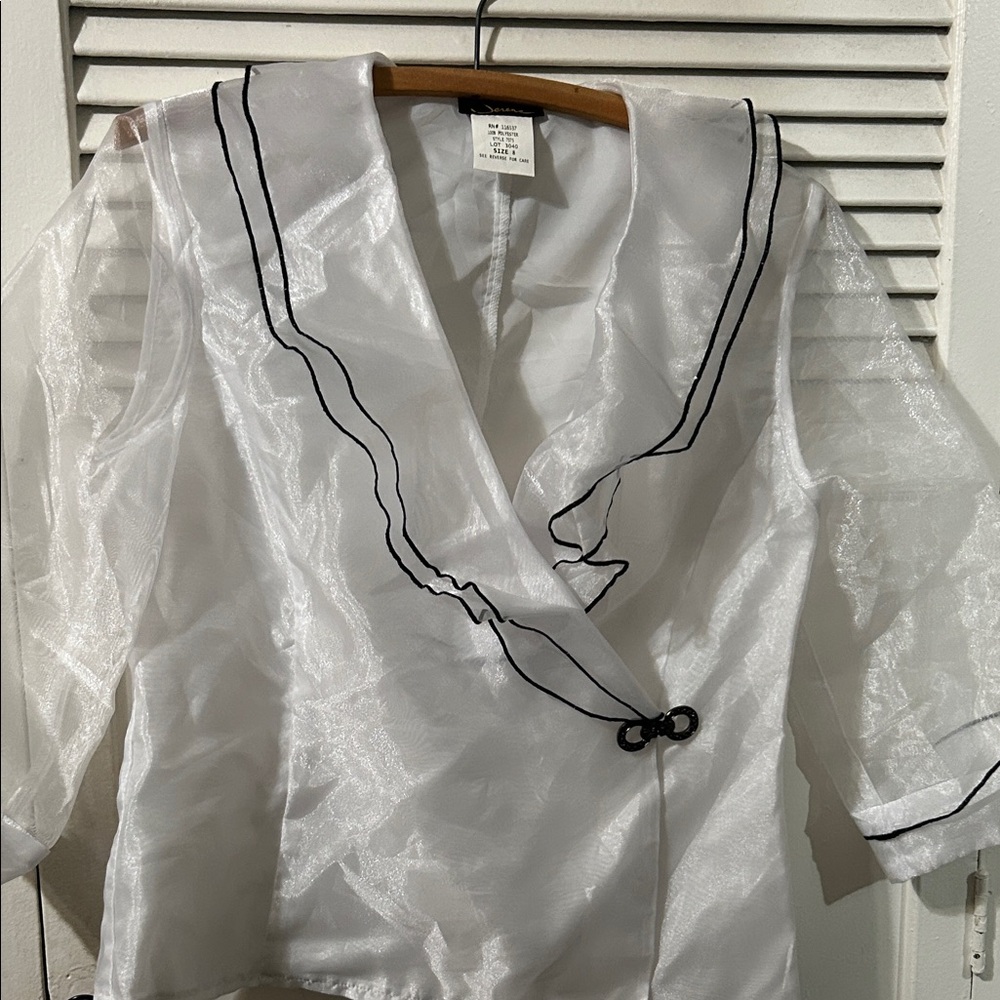 Elegant White Sheer Blouse with Black Trim
